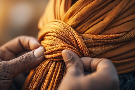 Extreme close-up detail of a Sikh dastar (turban) being tied fingers pressing sharp pleats into deep saffron fabric, blurred background of golden morning light