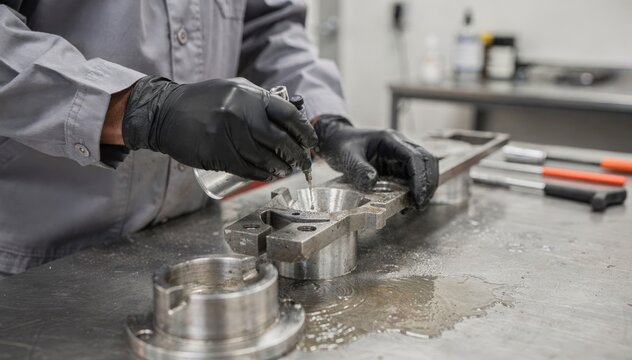 Focused medium shot of portable dye penetrant testing kit in use on critical steel parts highlighting the operators hands and test application with soft outoffocus surroundings.
