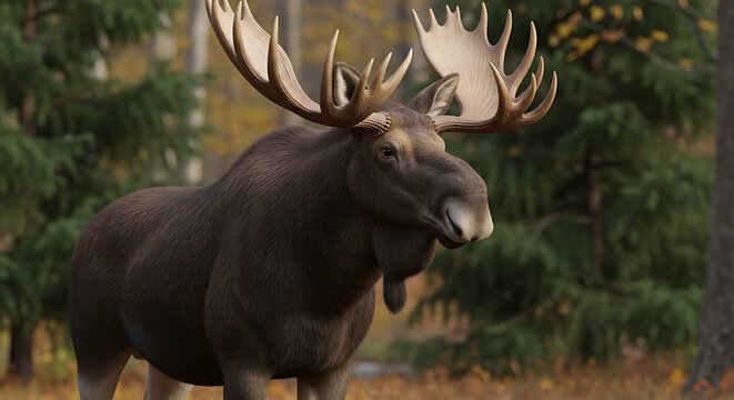 Majestic bull moose with large antlers stands in an autumnal forest on transparent background