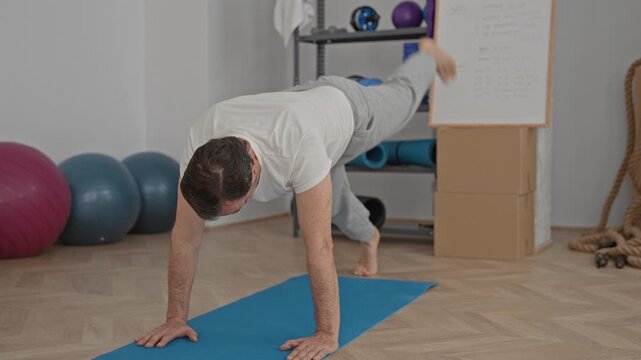 Man hands on mat performing single leg plank leg lift in studio with stability ball, foam roller and coiled rope visible; calm balance.