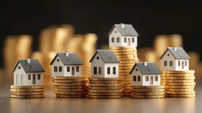 Small Model Houses on Stacks of Gold Coins Representing Real Estate Investment and Financial Growth in a Modern Economy