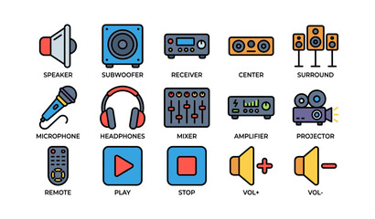 Fototapeta premium Audio and media control icons arranged in grid on white background