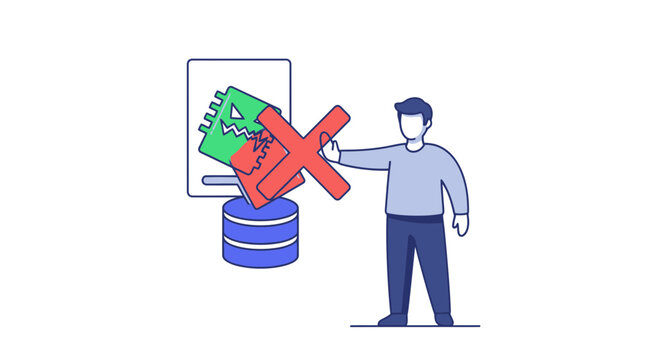 Man rejecting corrupted digital document file connected to database server representing information security management and data integrity control