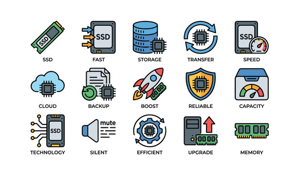 Solid state storage and performance icons on white background