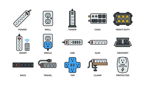 Power outlet and surge protector icons in grid on white background