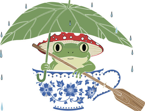 Cute frog sitting in decorative teacup holding leaf umbrella in rain, whimsical animal illustration with mushroom hat for nursery and fantasy design