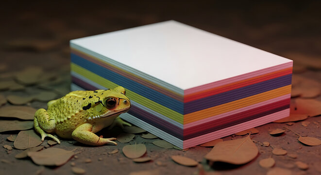 A vibrant yellow frog sits beside a stack of colorful pixelated paper, emphasizing texture and pattern, with fallen leaves on the ground