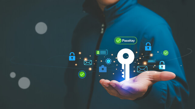 Cyber security authentication concept with hand holding digital key surrounded by passkey icons and lock symbols representing advanced data protection and private access management.