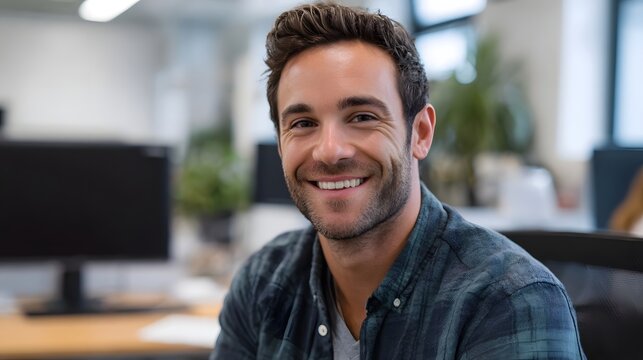 A smiling professional sits in a modern office setting conveying confidence and positive energy during the workday