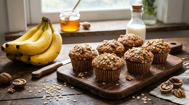 Pisang muffin dengan oat dan kacang di atas meja kayu alami untuk camilan sehat dan lezat di pagi hari