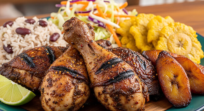 Delicious jerk chicken with rice beans plantains and coleslaw on transparent background