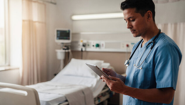 Serious healthcare professional review patient data on tablet in modern medical facility, focused on digital information and patient care documentation
