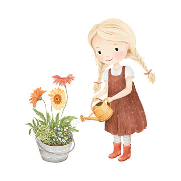 Watercolor cute girl with watering can and flowers, isolated illustration for your countryside design print, poster or wallpaper.