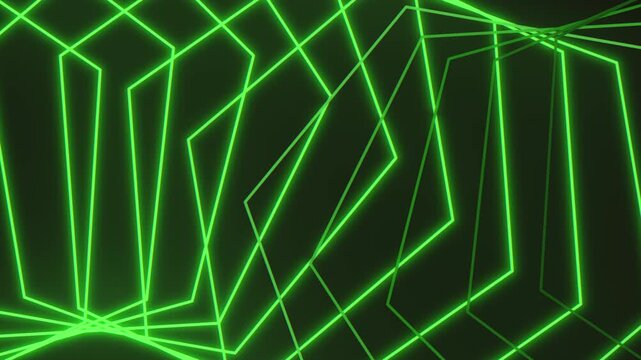 Glowing neon green laser lines create an abstract geometric wireframe pattern on a dark background, ideal for futuristic technology visuals, VJ screens, and motion design