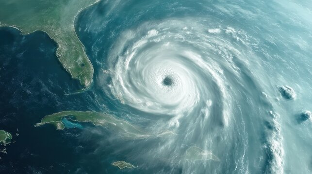 Aerial View of a Powerful Hurricane Approaching the Coast, Capturing the Force of Nature with Whirling Clouds and Ocean Currents