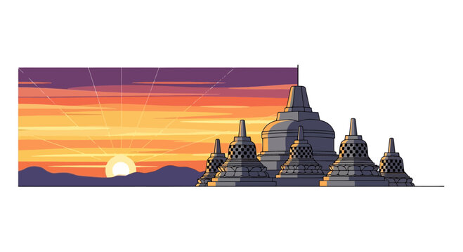 Ancient Buddhist temple silhouette with stupas against a vibrant golden sunrise sky in a flat minimalist design style for travel and tourism teacher
