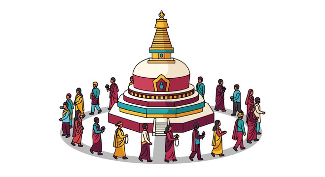 Buddhist stupa with devotees walking around, traditional Nepalese architecture, vibrant colorful illustration, spiritual pilgrimage site, cultural landmark, religious ceremony
