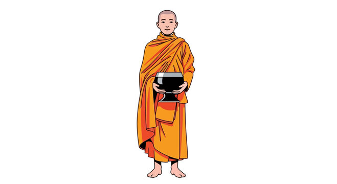 A serene Buddhist monk wearing an orange robe holding an alms bowl in a minimalist flat illustration style on a white background