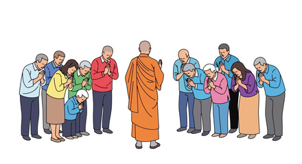 Fototapeta premium Group of people bowing with hands together in prayer posture in front of a monk in orange robes representing religious practice and mindfulness