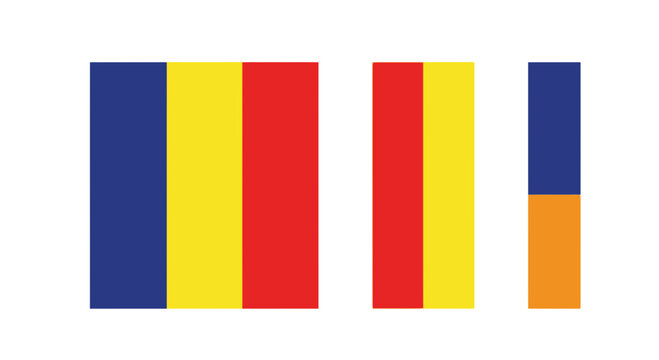 Abstract composition featuring vertical tricolor bands of blue yellow and red next to isolated rectangular shapes on a solid white background teacher
