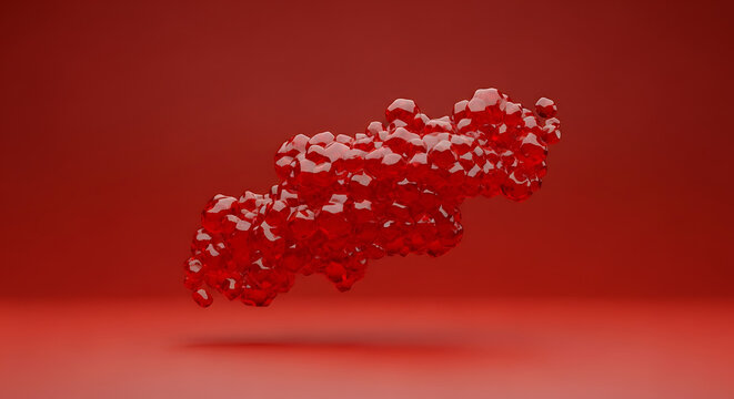 Abstract 3d render of a red, pixelated, amorphous blob with a glossy, textured surface, floating in a monochromatic red studio environment