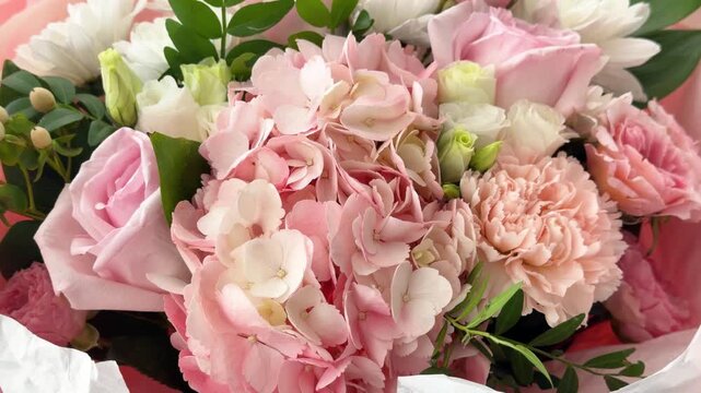 Pink roses and hydrangeas in a floral arrangement
