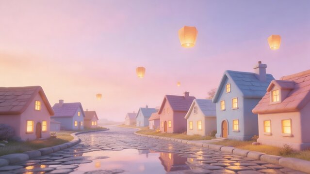 Colorful houses and floating lanterns on a cobblestone street