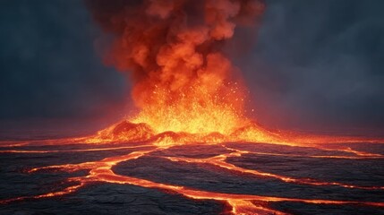 Fototapeta premium Spectacular Eruption of an Active Volcano Releasing Lava and Ash Clouds in Dramatic Atmosphere at Dusk with Glowing Lava Flows