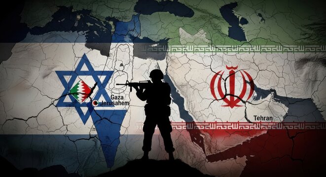 A symbolic illustration depicting geopolitical tensions between israel and iran in middle east