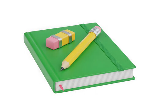 A green notebook with a pencil and eraser on top isolated on transparent background
