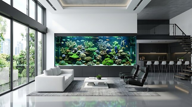 Ruangan modern dengan akuarium besar berisi berbagai macam ikan dan koral, dilengkapi sofa dan kursi nyaman, cocok untuk ruang tunggu atau ruang santai mewah