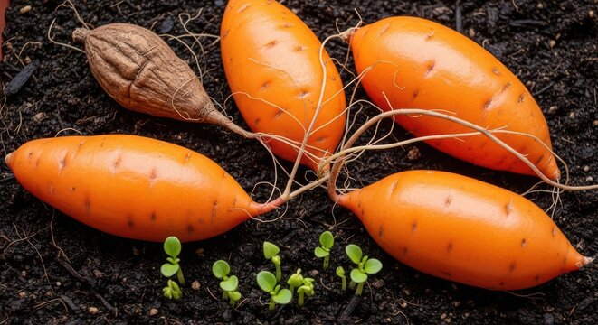 Freshly harvested orange sweet potatoes on dark garden soil, organic raw yams with roots in dirt, homegrown root vegetables for healthy cooking