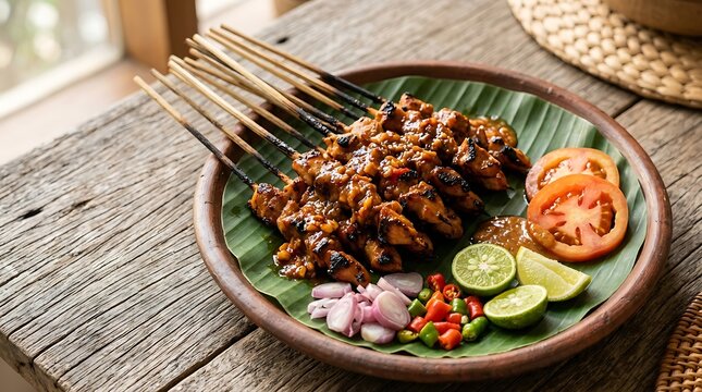 Sate Ayam Bakar dengan Sambal dan Sayuran Segar Setelah Dipanggang di Piring Tradisional di Meja Kayu