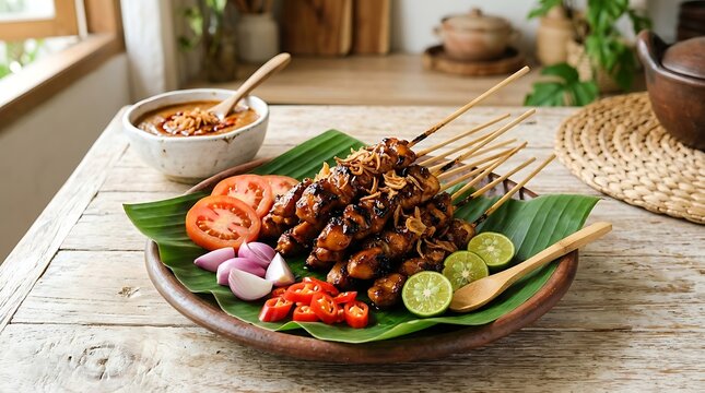 Sate Ayam dan Sate Kambing Segar dengan Sambal dan Sayuran di Atas Daun Pisang di Dapur Tradisional