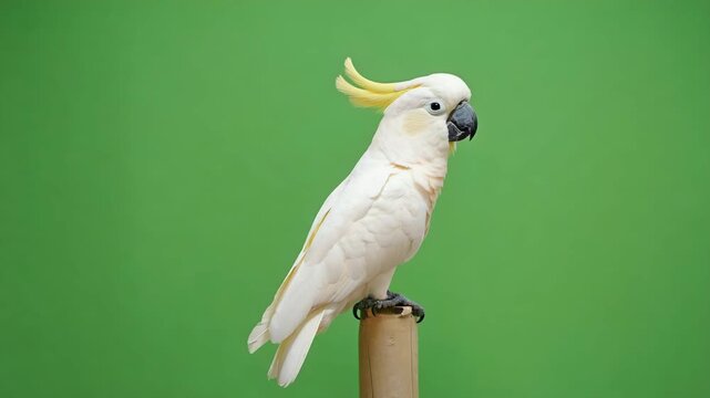 Stock Video of a Sulphur crested Cockatoo Perched on Wood with a Green Screen Background