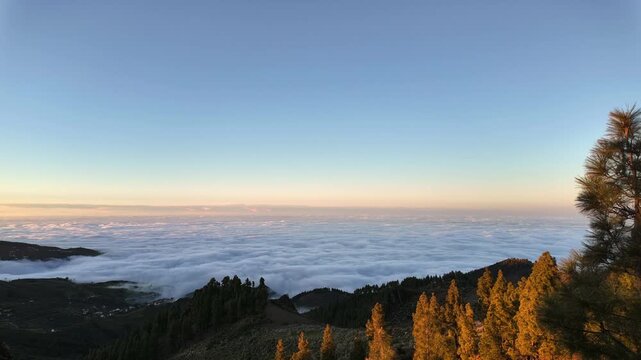 Timelapse of a sea of clouds moving over Gran Canaria mountains and pine forests during a colorful sunset sky