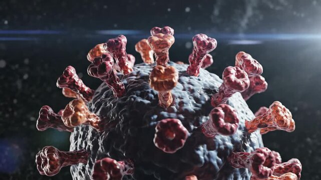 Microscopic 3D animation of the coronavirus COVID-19 pathogen, highlighting its viral structure and spike proteins.