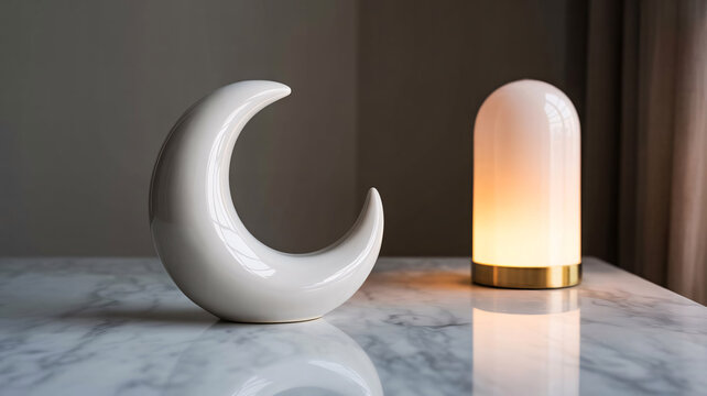 Crescent moon statue stands on a white marble base next to a modern cylindrical lamp with a warm glow, offering a stylish aesthetic for high-end interior photography and home decor styling.