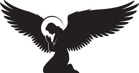 Fototapeta premium Praying Angel, Black Silhouette, Wings Spread, Religious Icon, Vector Graphic