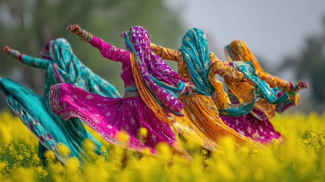 Gidda folk dance performance by village women in vibrant phulkari dupattas of magenta, teal, and gold, mid-dance poses against lush green mustard field, 