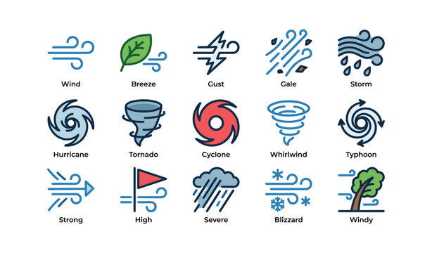 Wind and storm icons showing various weather types on white background