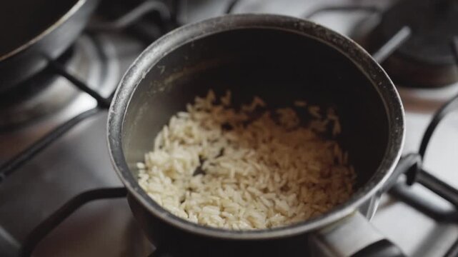 Close up of rice being stirred in pot on gas stove with utensil showing cooking process and food preparation in kitchen environment