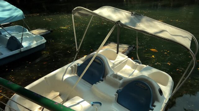 Pedal boat floating on calm lake water with sunlight reflections and surrounding greenery creating peaceful outdoor recreation scene
