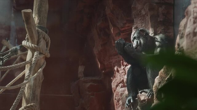 A chimpanzee sitting on a rock inside a zoo enclosure while eating, captured in a calm and observant moment surrounded by naturalistic structures