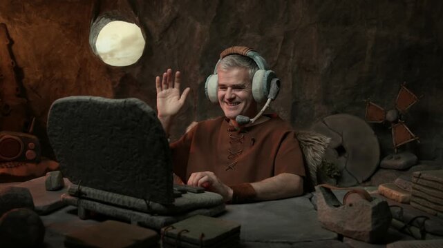 Happy businessman wearing a headset and having a video call on his laptop, he is smiling and waving at the screen: technology in the stone age concept