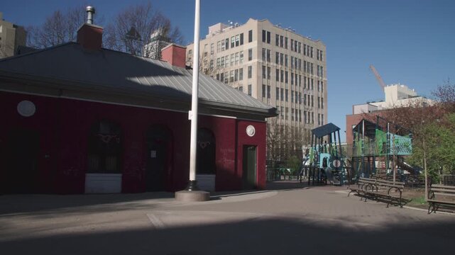 Handheld shot of a playground in Williamsburg, Brooklyn. Shot in New York City.