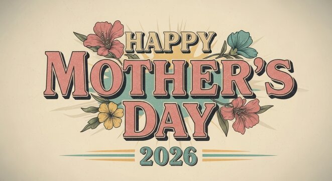 Vintage retro happy mothers day 2026 greeting card design with floral elements and sunburst