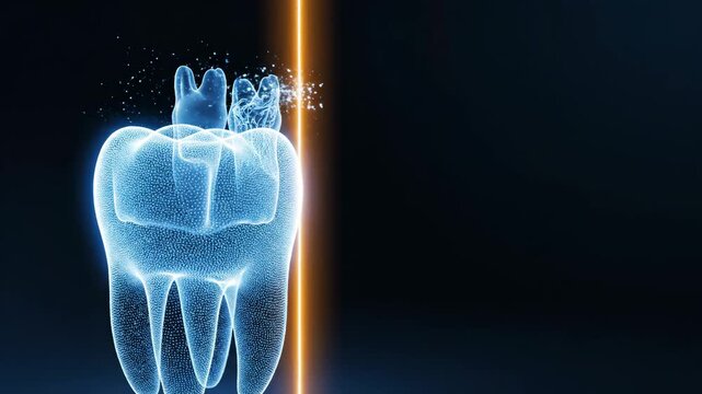 Modern dental care concept with a glowing digital tooth being treated by a laser beam for precision dentistry.