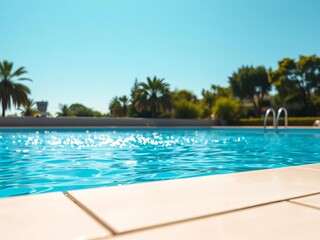 Fototapeta premium Sparkling clear blue water in an empty outdoor swimming pool on a sunny day, resort, serene
