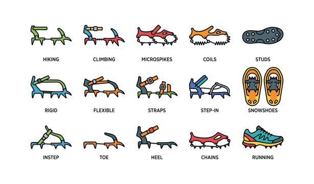 Crampon and traction icons with spikes and snow gear on white